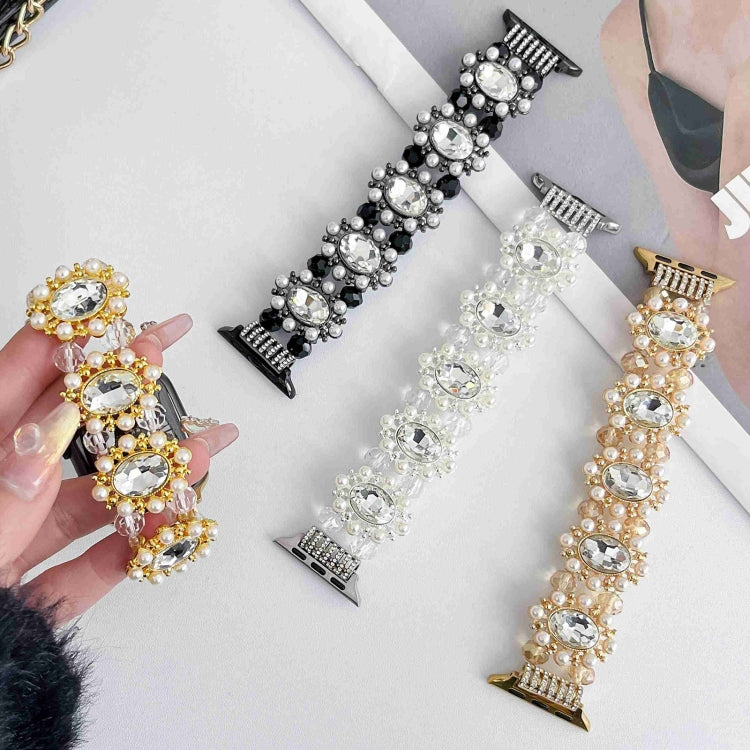 For Apple Watch SE 2023 44mm Beaded Pearl Gemstone Bracelet Watch Band(White)