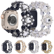 For Apple Watch 42mm Beaded Pearl Gemstone Bracelet Watch Band(Gold)