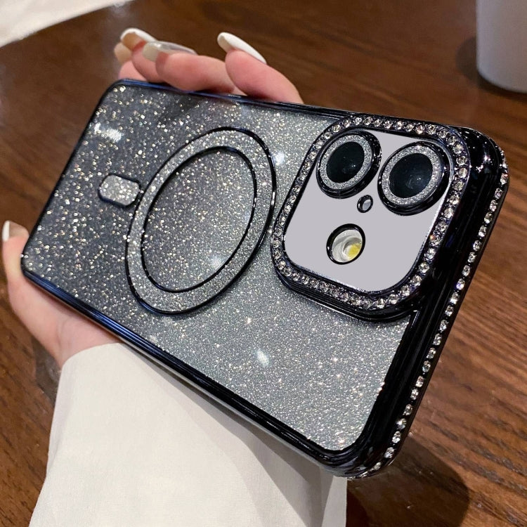 For iPhone 16 Diamond Gradient Glitter Plated MagSafe Phone Case(Black)
