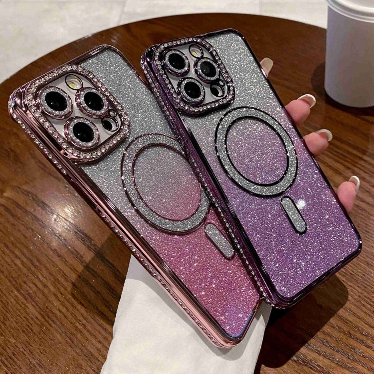 For iPhone 16 Diamond Gradient Glitter Plated MagSafe Phone Case(Black)