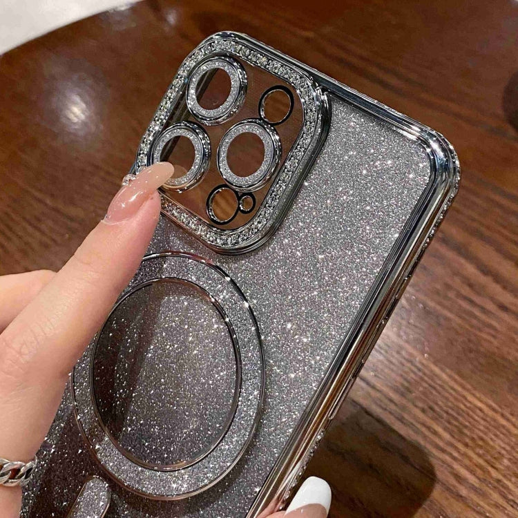 For iPhone 16 Diamond Gradient Glitter Plated MagSafe Phone Case(Black)