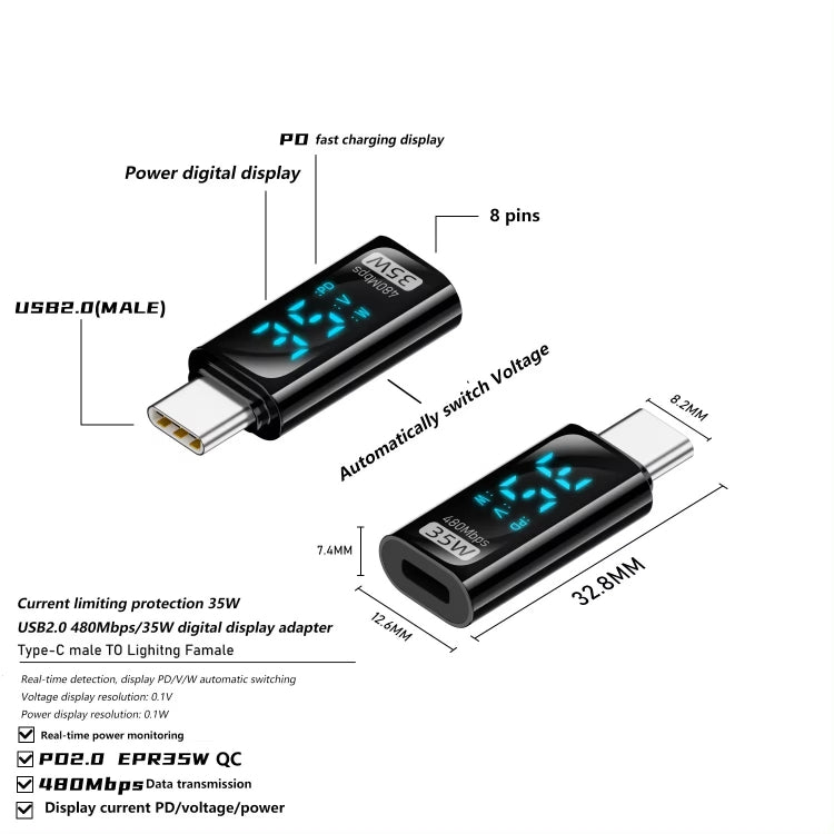 Type-C Male to 8 Pin Female 35W Charging Adapter with Digital Display(Black)