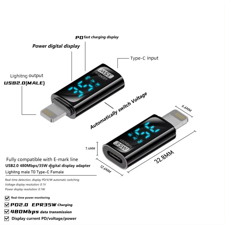 8 Pin Male to Type-C Female 35W Charging Adapter with Digital Display(Black)