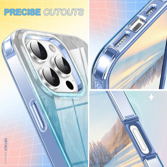 For iPhone 16 Pro Max IMD Gradient Feather PC Hybrid TPU Phone Case(Blue)