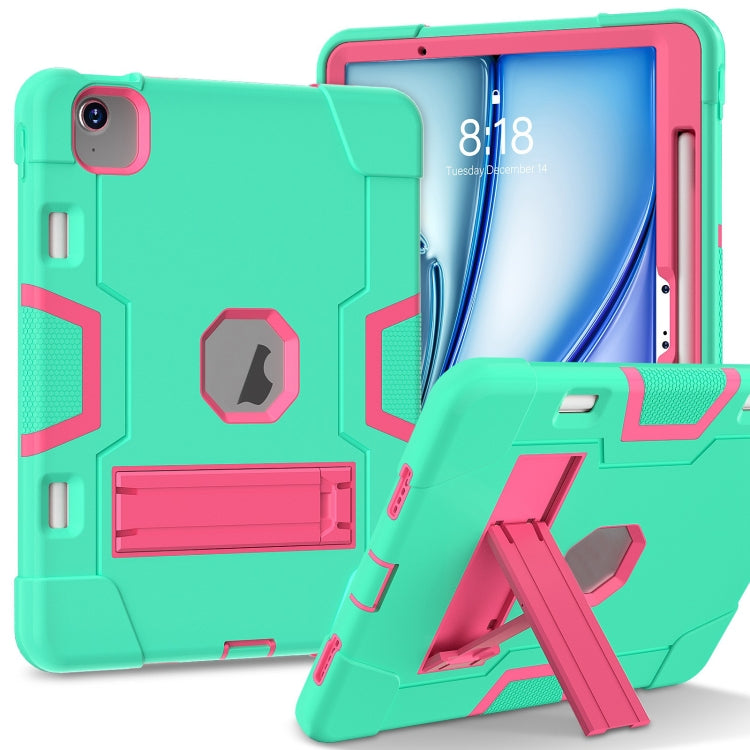 For iPad Air 11 2025 / 2024 Contrast Color Silicone Acrylic PC Tablet Case with Holder(Mint Green Rose Red)