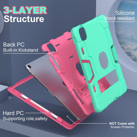 For iPad Air 11 2025 / 2024 Contrast Color Silicone Acrylic PC Tablet Case with Holder(Mint Green Rose Red)