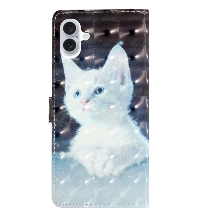 For iPhone 16 Plus 3D Pattern Leather Phone Case(White Cat)