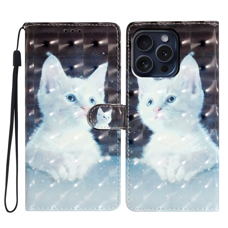 For iPhone 16 Pro 3D Pattern Leather Phone Case(White Cat)
