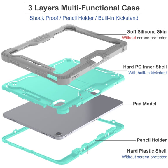 For iPad Air 11 2024 / Air 2022 10.9 Shockproof Silicone Hybrid PC Tablet Case with Holder(Mint Green + Grey)