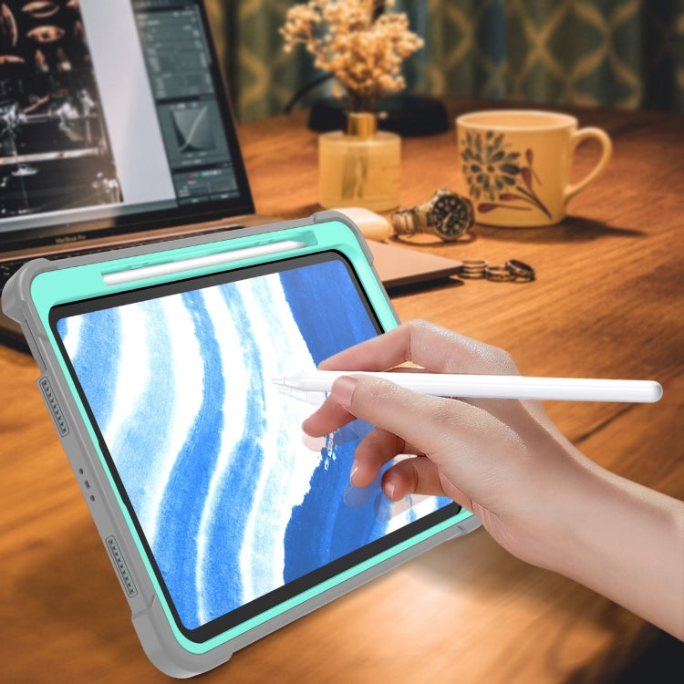 For iPad Air 11 2024 / Air 2022 10.9 Shockproof Silicone Hybrid PC Tablet Case with Holder(Mint Green + Grey)