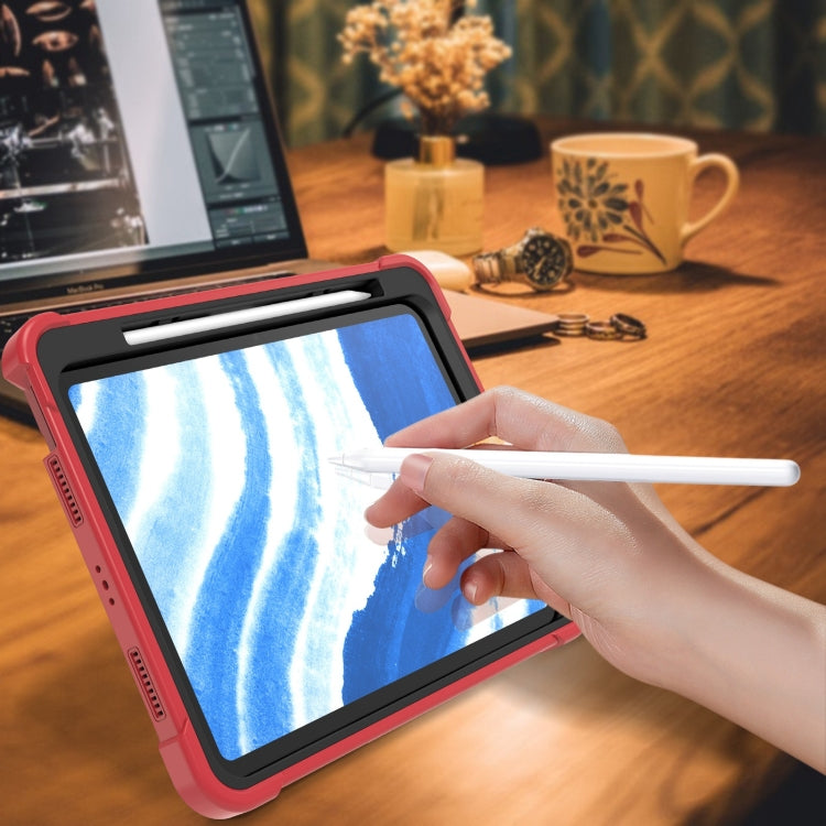 For iPad Air 11 2024 / Air 2022 10.9 Shockproof Silicone Hybrid PC Tablet Case with Holder(Black + Red)