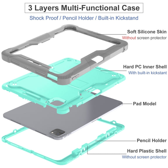 For iPad Pro 11 2024 Shockproof Silicone Hybrid PC Tablet Case with Holder(Mint Green + Grey)