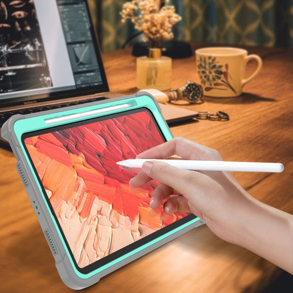 For iPad Pro 11 2024 Shockproof Silicone Hybrid PC Tablet Case with Holder(Mint Green + Grey)