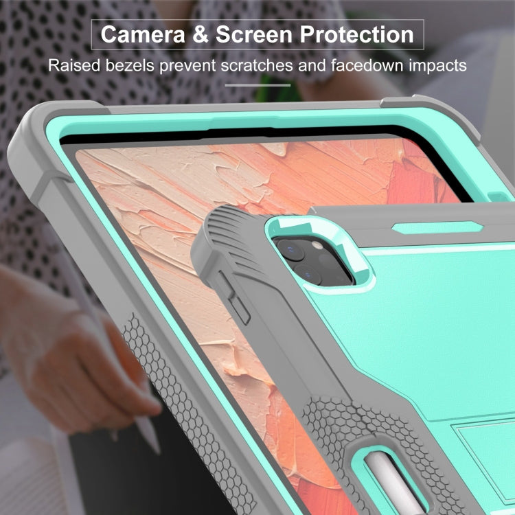 For iPad Pro 11 2024 Shockproof Silicone Hybrid PC Tablet Case with Holder(Mint Green + Grey)