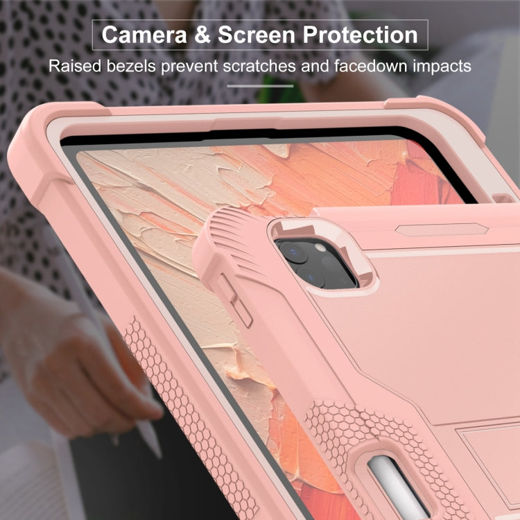 For iPad Pro 11 2024 Shockproof Silicone Hybrid PC Tablet Case with Holder(Rose Gold)
