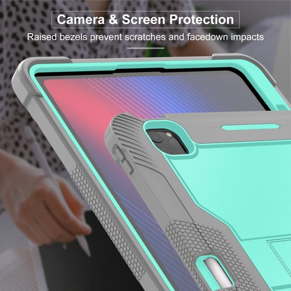 For iPad Pro 13 2024 Shockproof Silicone Hybrid PC Tablet Case with Holder(Mint Green + Grey)