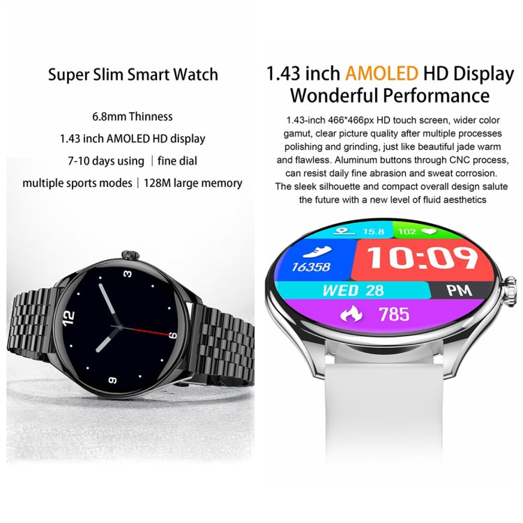 MT55 1.43 inch AMOLED HD Screen Ultra-thin Smart Call Health Watch, Silicone Strap(Black)