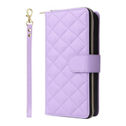 For iPhone 16 Pro Max Crossbody Rhombic Zipper Tower Buckle Leather Phone Case with Lanyard(Purple)
