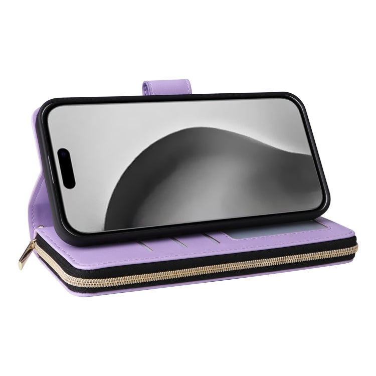 For iPhone 16 Pro Max Crossbody Rhombic Zipper Tower Buckle Leather Phone Case with Lanyard(Purple)
