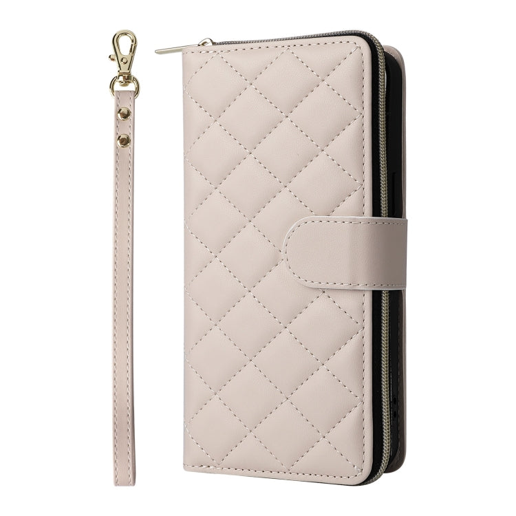For iPhone 16 Pro Max Crossbody Rhombic Zipper Tower Buckle Leather Phone Case with Lanyard(Beige)