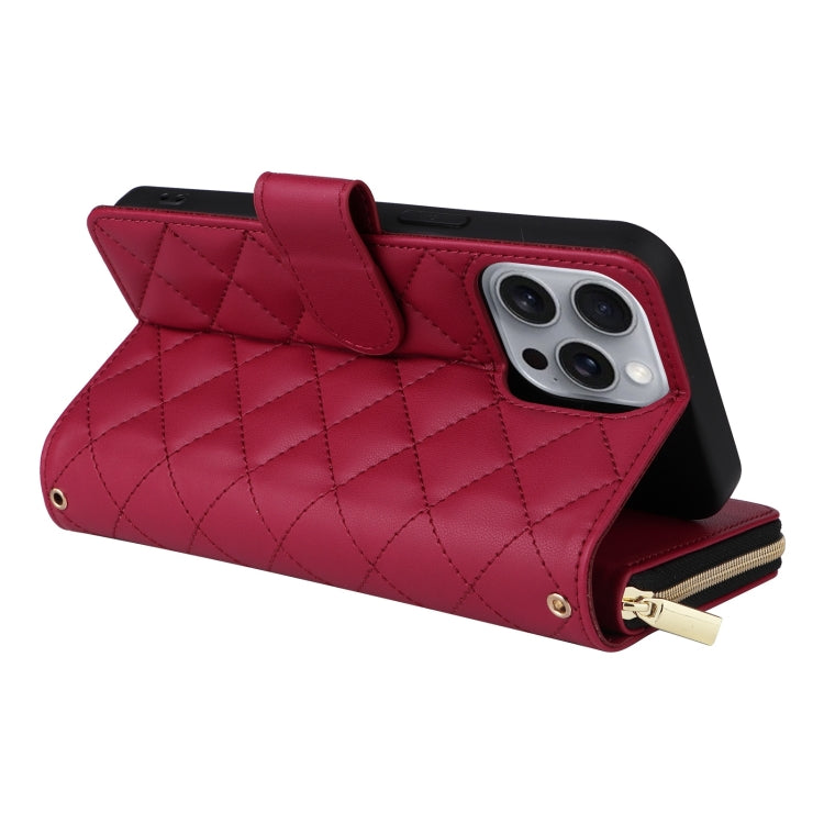 For iPhone 16 Pro Max Crossbody Rhombic Zipper Tower Buckle Leather Phone Case with Lanyard(Wine Red)