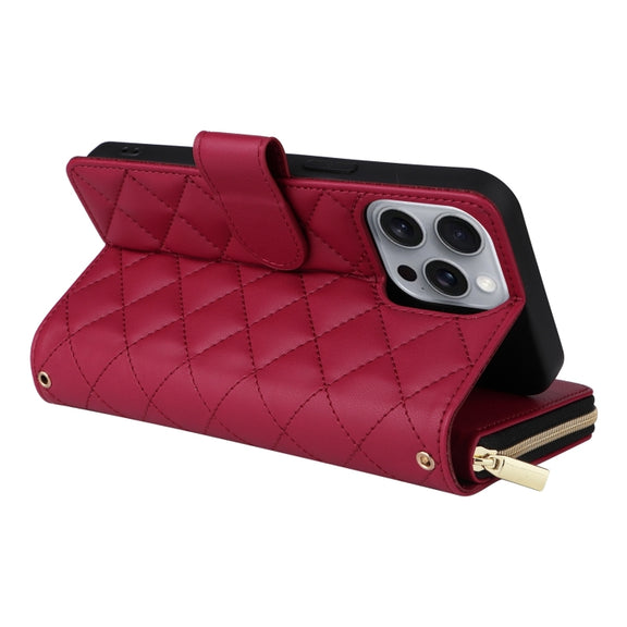 For iPhone 16 Pro Max Crossbody Rhombic Zipper Tower Buckle Leather Phone Case with Lanyard(Wine Red)
