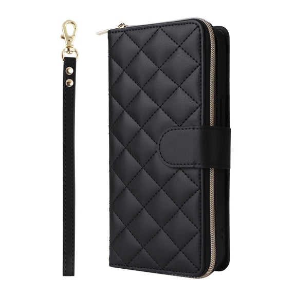 For iPhone 16 Pro Max Crossbody Rhombic Zipper Tower Buckle Leather Phone Case with Lanyard(Black)