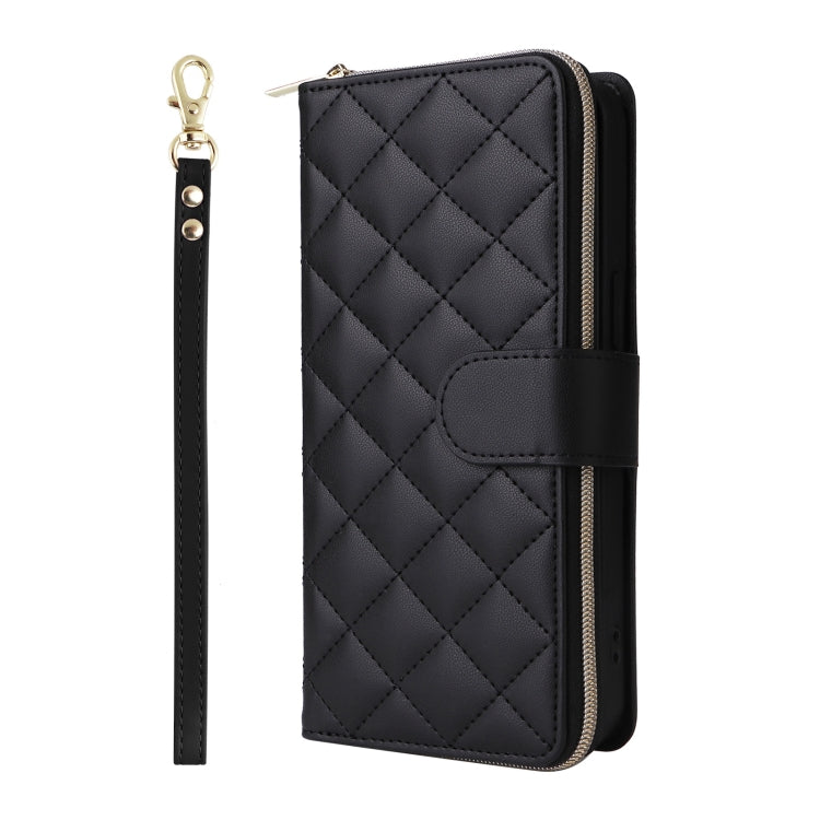 For iPhone 16 Pro Max Crossbody Rhombic Zipper Tower Buckle Leather Phone Case with Lanyard(Black)