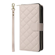 For iPhone 16 Pro Crossbody Rhombic Zipper Tower Buckle Leather Phone Case with Lanyard(Beige)
