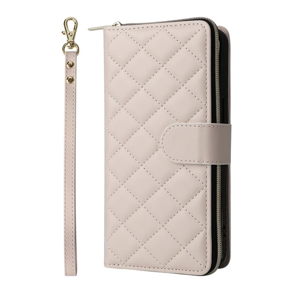 For iPhone 16 Pro Crossbody Rhombic Zipper Tower Buckle Leather Phone Case with Lanyard(Beige)