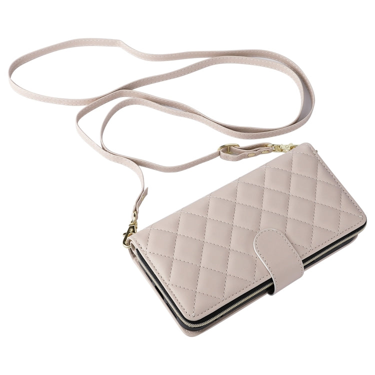 For iPhone 16 Pro Crossbody Rhombic Zipper Tower Buckle Leather Phone Case with Lanyard(Beige)