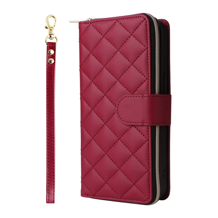 For iPhone 16 Pro Crossbody Rhombic Zipper Tower Buckle Leather Phone Case with Lanyard(Wine Red)