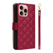 For iPhone 16 Pro Crossbody Rhombic Zipper Tower Buckle Leather Phone Case with Lanyard(Wine Red)