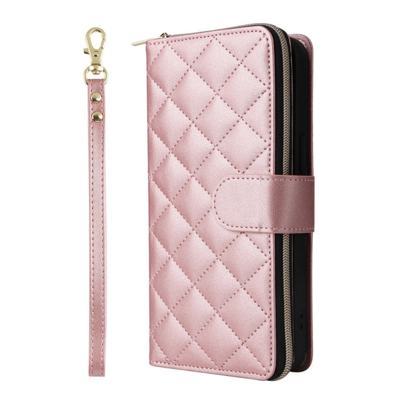 For iPhone 16 Pro Crossbody Rhombic Zipper Tower Buckle Leather Phone Case with Lanyard(Rose Gold)