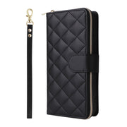 For iPhone 16 Pro Crossbody Rhombic Zipper Tower Buckle Leather Phone Case with Lanyard(Black)