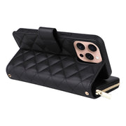 For iPhone 16 Pro Crossbody Rhombic Zipper Tower Buckle Leather Phone Case with Lanyard(Black)