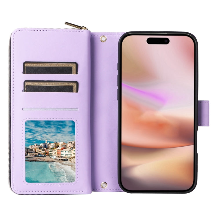 For iPhone 16 Plus Crossbody Rhombic Zipper Tower Buckle Leather Phone Case with Lanyard(Purple)
