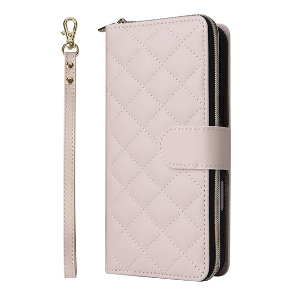For iPhone 16 Plus Crossbody Rhombic Zipper Tower Buckle Leather Phone Case with Lanyard(Beige)