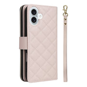For iPhone 16 Plus Crossbody Rhombic Zipper Tower Buckle Leather Phone Case with Lanyard(Beige)