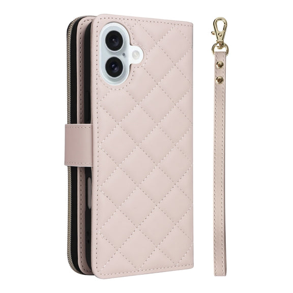 For iPhone 16 Plus Crossbody Rhombic Zipper Tower Buckle Leather Phone Case with Lanyard(Beige)