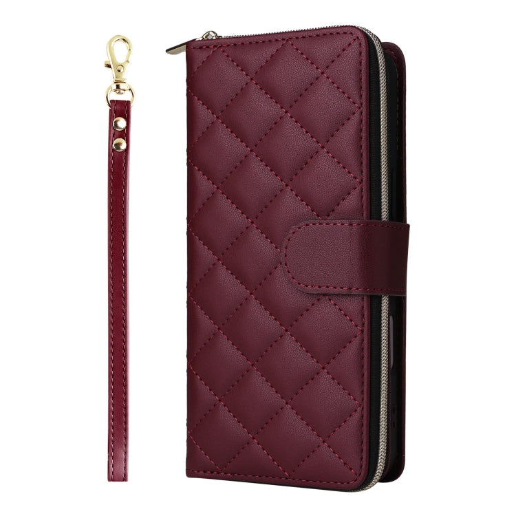 For iPhone 16 Plus Crossbody Rhombic Zipper Tower Buckle Leather Phone Case with Lanyard(Wine Red)