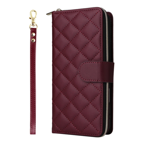 For iPhone 16 Plus Crossbody Rhombic Zipper Tower Buckle Leather Phone Case with Lanyard(Wine Red)