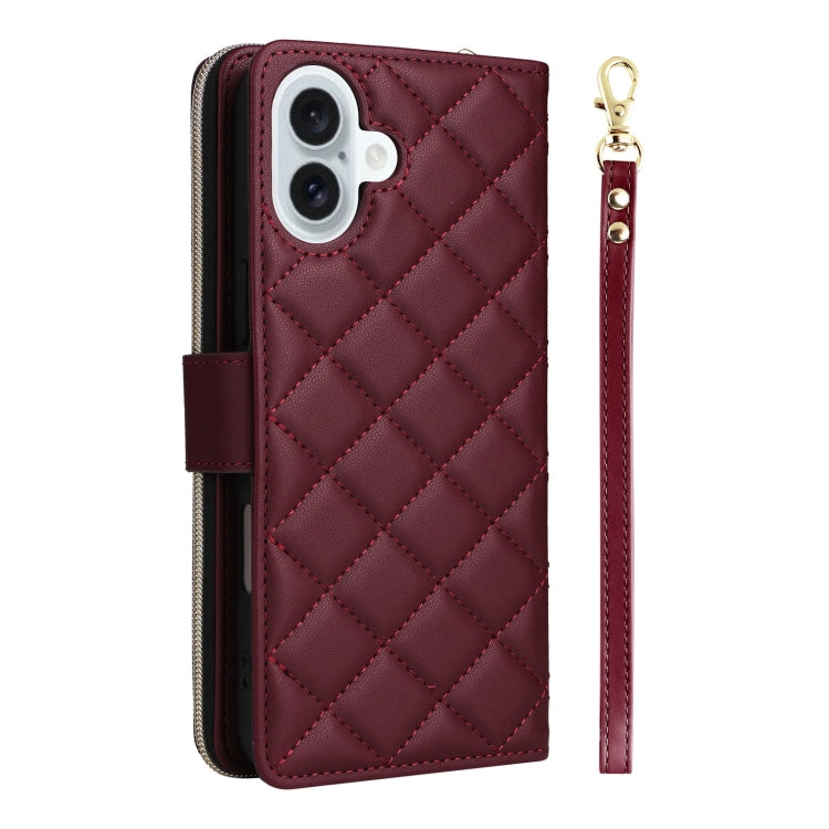 For iPhone 16 Plus Crossbody Rhombic Zipper Tower Buckle Leather Phone Case with Lanyard(Wine Red)