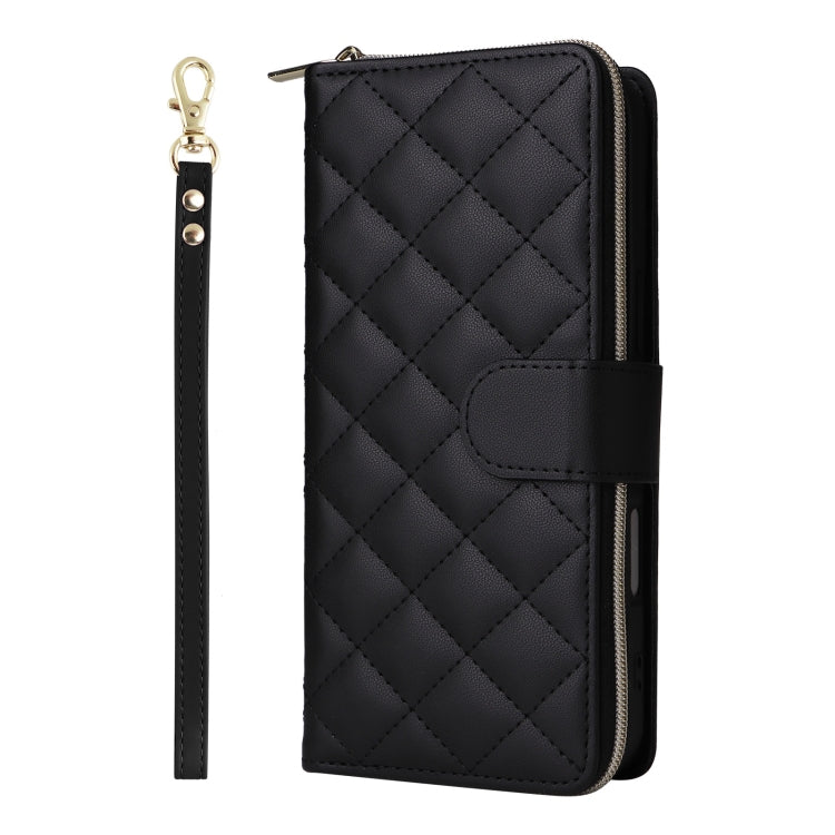 For iPhone 16 Plus Crossbody Rhombic Zipper Tower Buckle Leather Phone Case with Lanyard(Black)