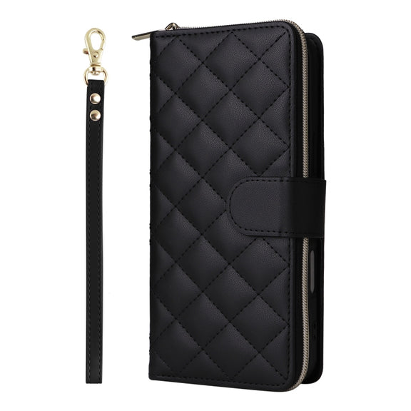 For iPhone 16 Plus Crossbody Rhombic Zipper Tower Buckle Leather Phone Case with Lanyard(Black)