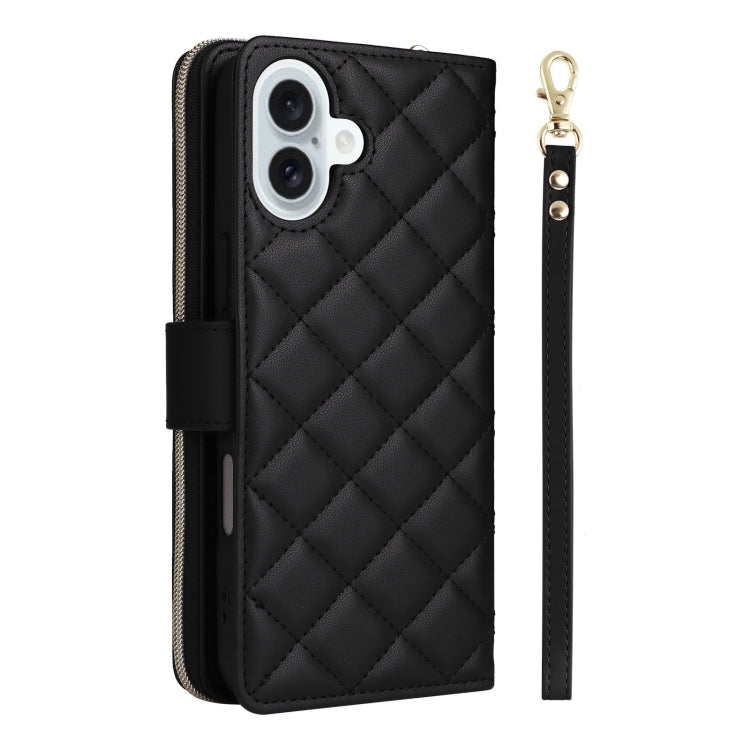 For iPhone 16 Plus Crossbody Rhombic Zipper Tower Buckle Leather Phone Case with Lanyard(Black)