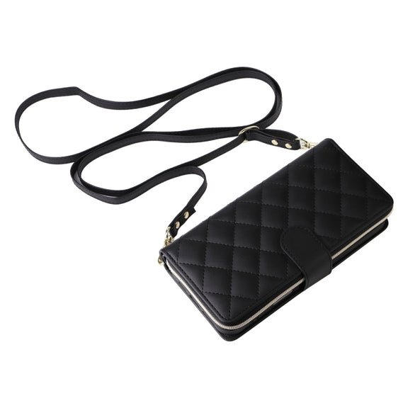 For iPhone 16 Plus Crossbody Rhombic Zipper Tower Buckle Leather Phone Case with Lanyard(Black)