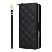 For iPhone 16 Crossbody Rhombic Zipper Tower Buckle Leather Phone Case with Lanyard(Black)