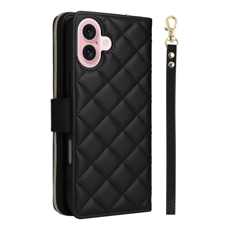For iPhone 16 Crossbody Rhombic Zipper Tower Buckle Leather Phone Case with Lanyard(Black)
