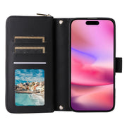 For iPhone 16 Crossbody Rhombic Zipper Tower Buckle Leather Phone Case with Lanyard(Black)